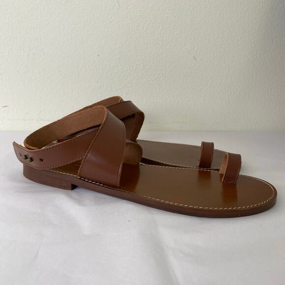 J. Crew Leather Ankle Wrap Sandals Size 10.5 Tan Brown Flat Minimalist Neutral - Picture 3 of 10